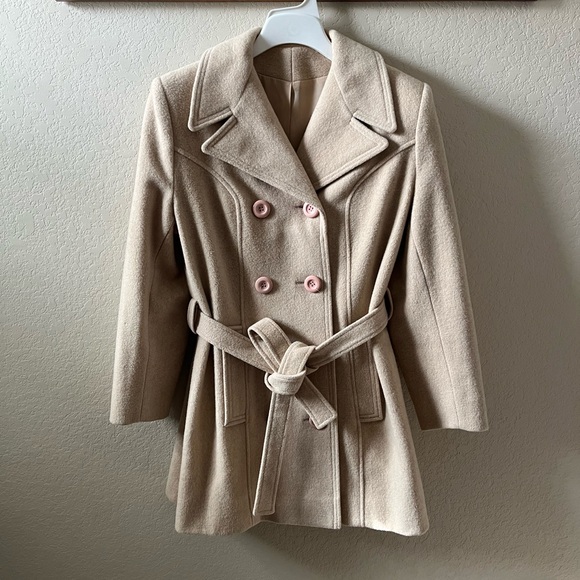 Jackets & Blazers - Women’s Beige Wool Blend Double Breasted Peacoat Belted Trench Coat Medium